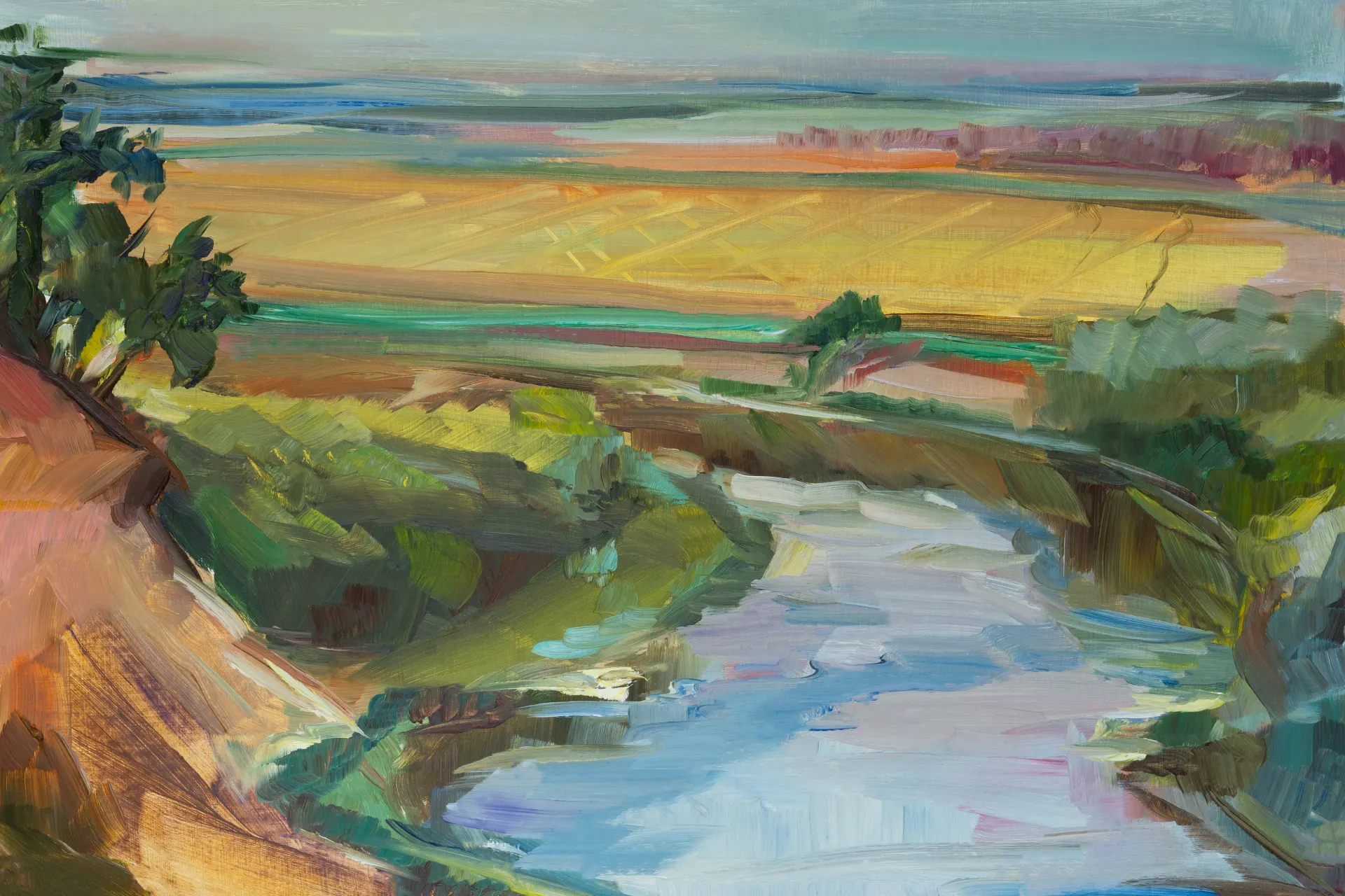 A painting of a river and fields