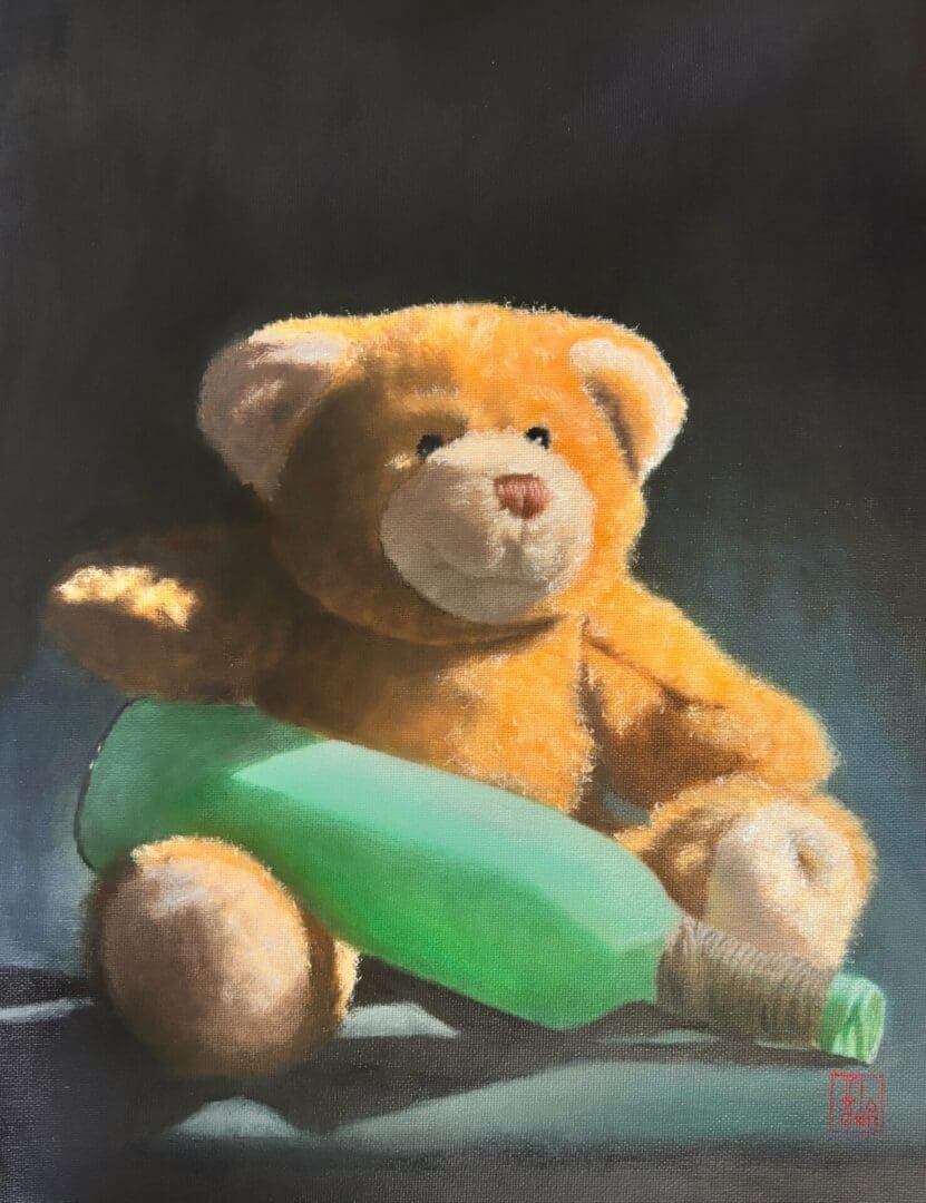 A painting of a teddy with a bottle