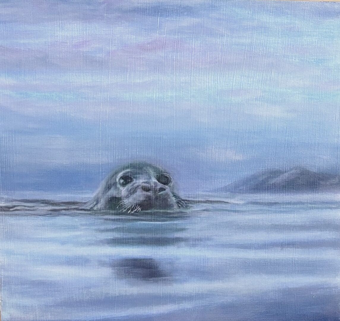 A painting of an animal Swimming in water