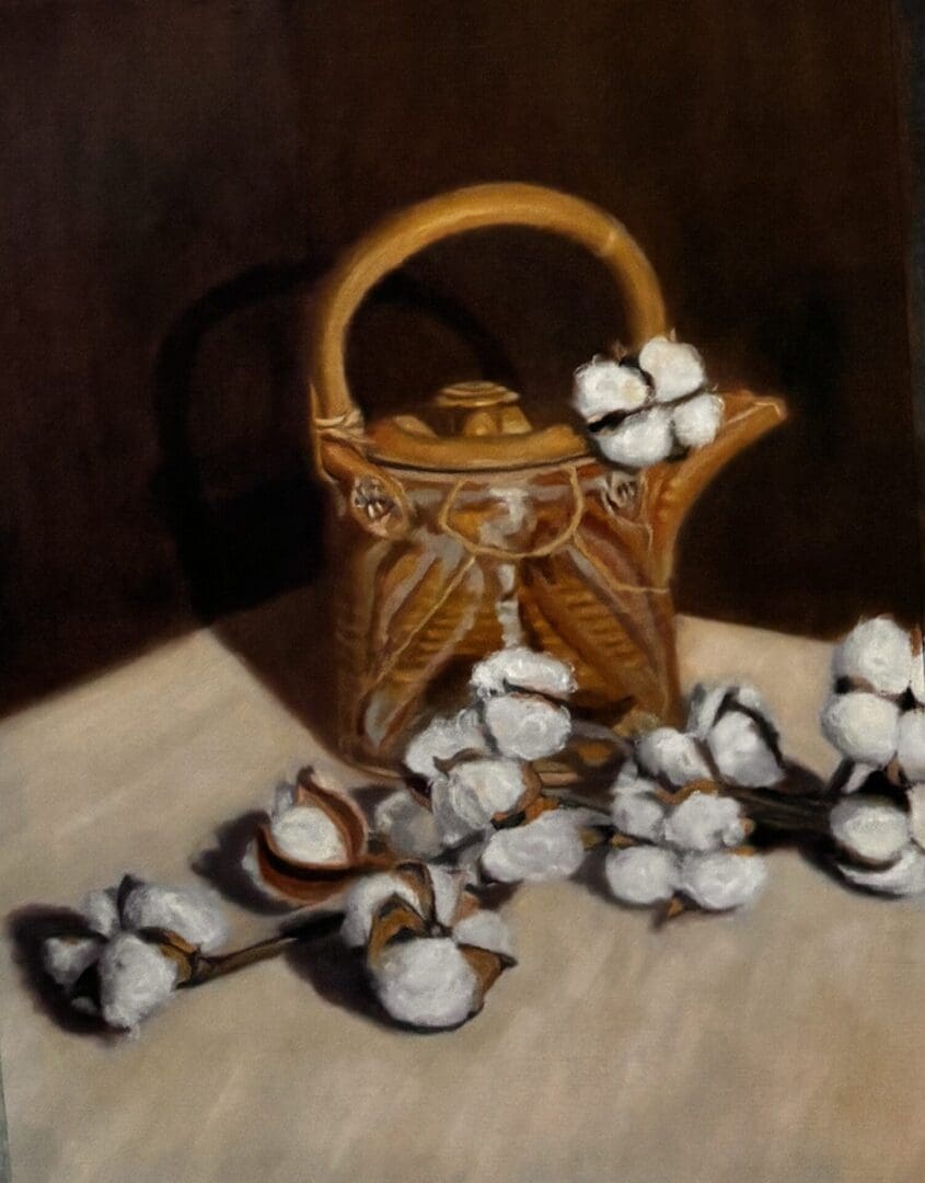 IMG_1029 Brown teapot and cotton bolls still life.